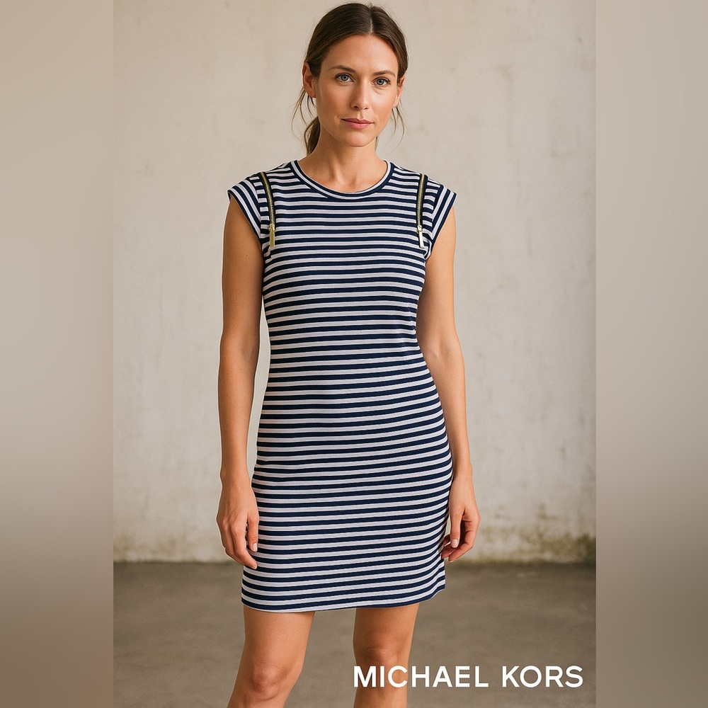 Michael Michael Kors Navy & White Striped Zip Shoulder Cap Sleeve Dress XS